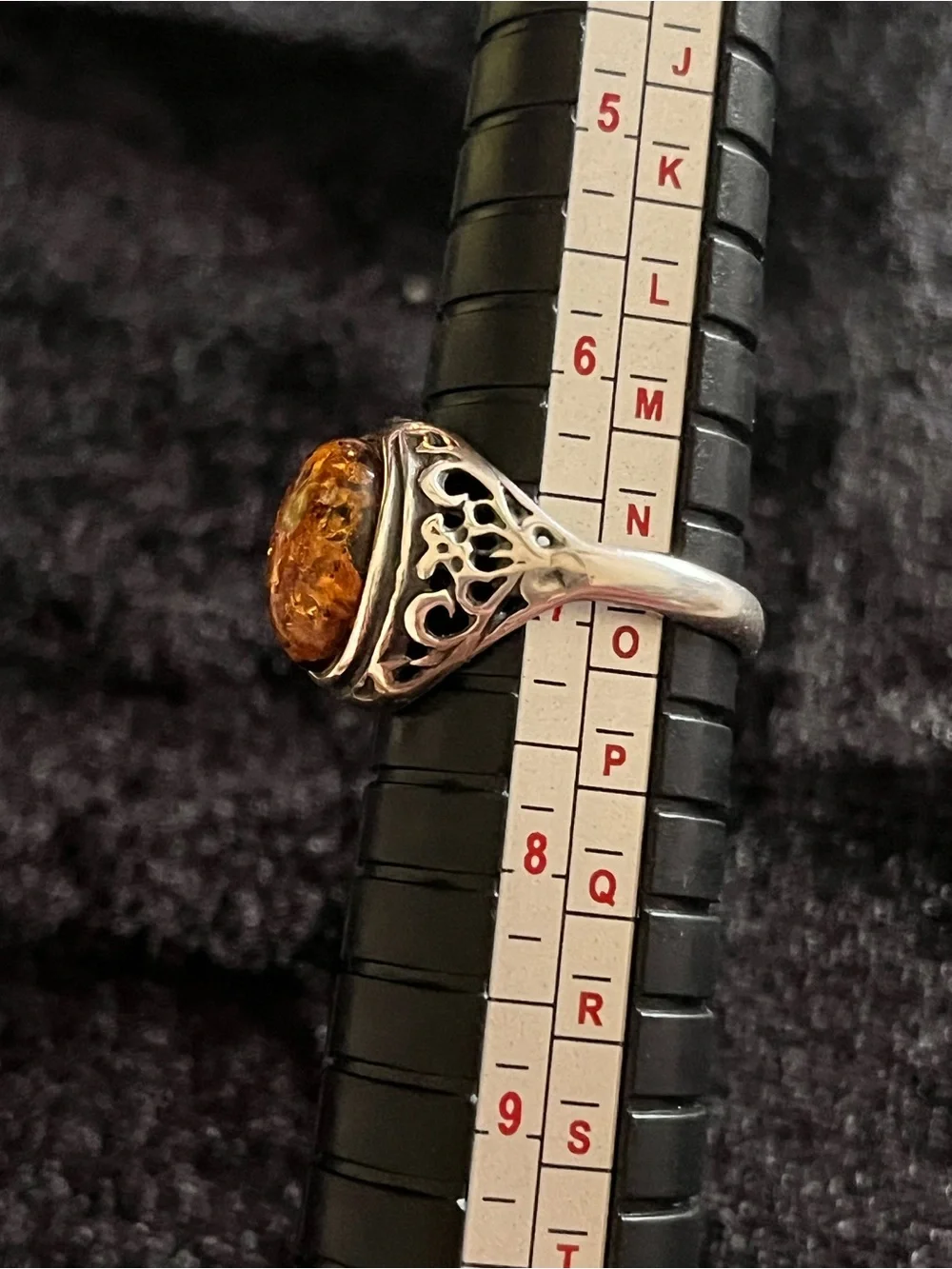 Sterling Silver Amber Ring with Intricate Design, size 7